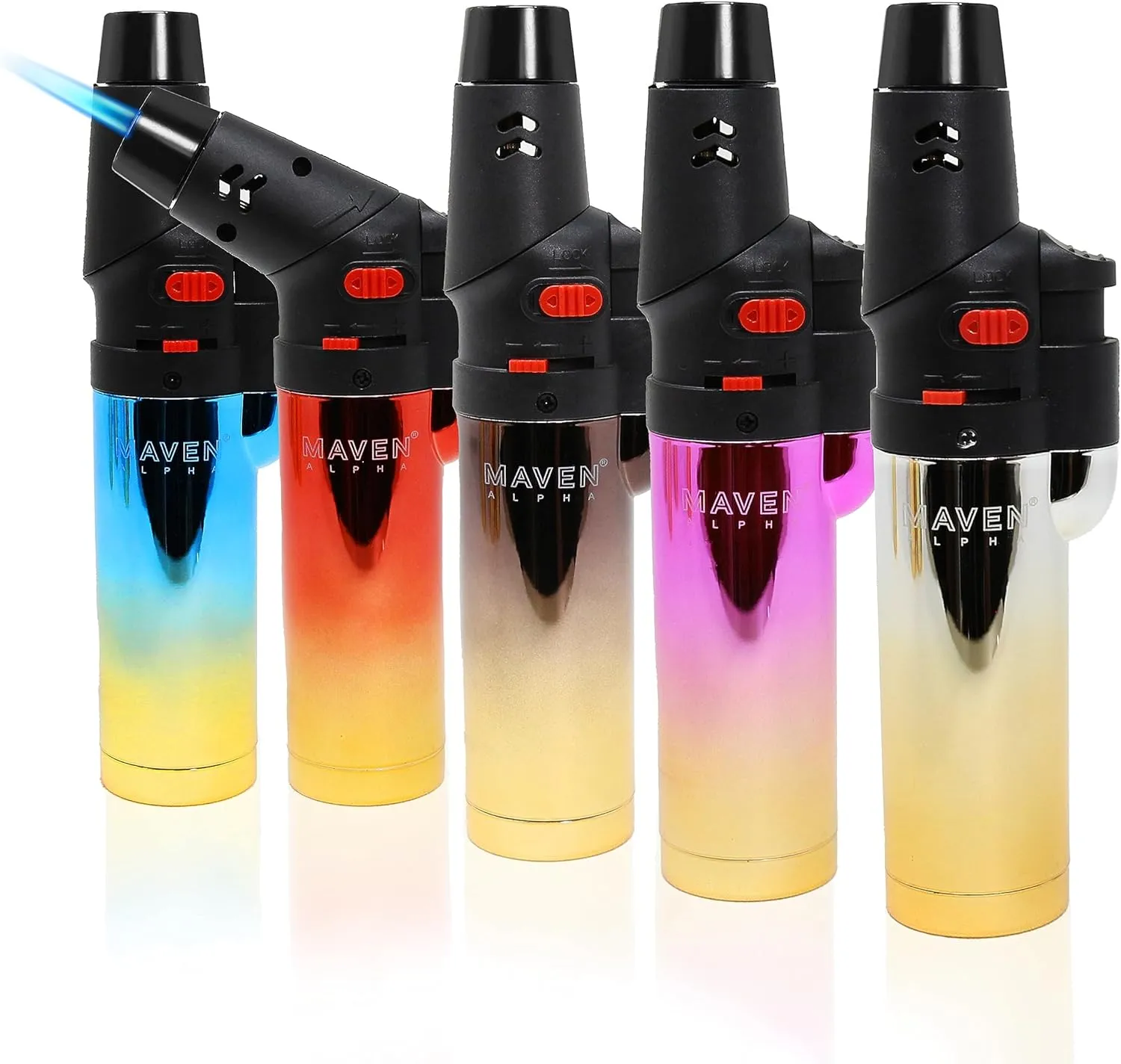 Alpha  Torch Lighters, 5 Pack, Refillable Butane Gas Lighters, Adjustable Jet Flame, Windproof Mini Pocket Torch for Kitchen, Candles, Cooking, Baking, BBQ, Camping (Butane Not Included) (Chrome)