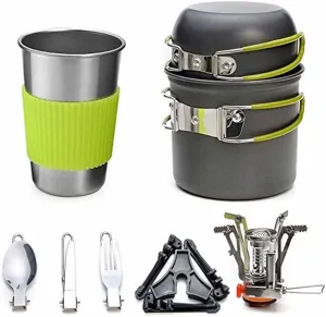 Aluminum Alloy Outdoor Camping Trip Cookware Camping Pot Hiking Picnic Tourist Tableware Set with Folding Spoon Mini Gas Stove (Color : B)