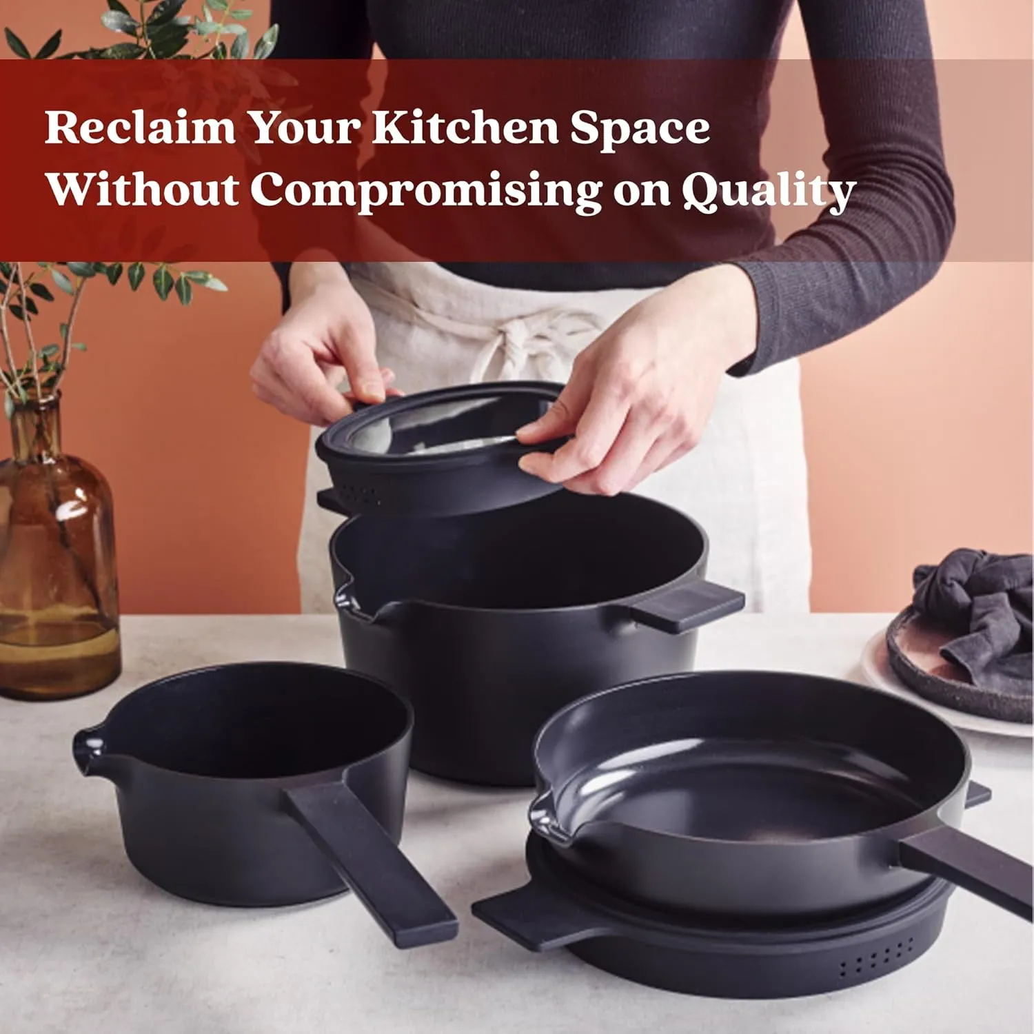 Alva Neat 5-Piece Space-Saving Ceramic Cookware Set, Health-Conscious PFAS/PTFE/PFOA-Free, Recycled Aluminum with Stackable Design, Oven & Induction Safe, Effortless Cleaning for Small Kitchens, Peach