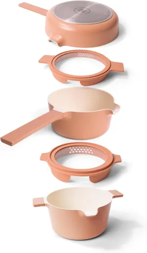 Alva Neat 5-Piece Space-Saving Ceramic Cookware Set, Health-Conscious PFAS/PTFE/PFOA-Free, Recycled Aluminum with Stackable Design, Oven & Induction Safe, Effortless Cleaning for Small Kitchens, Peach