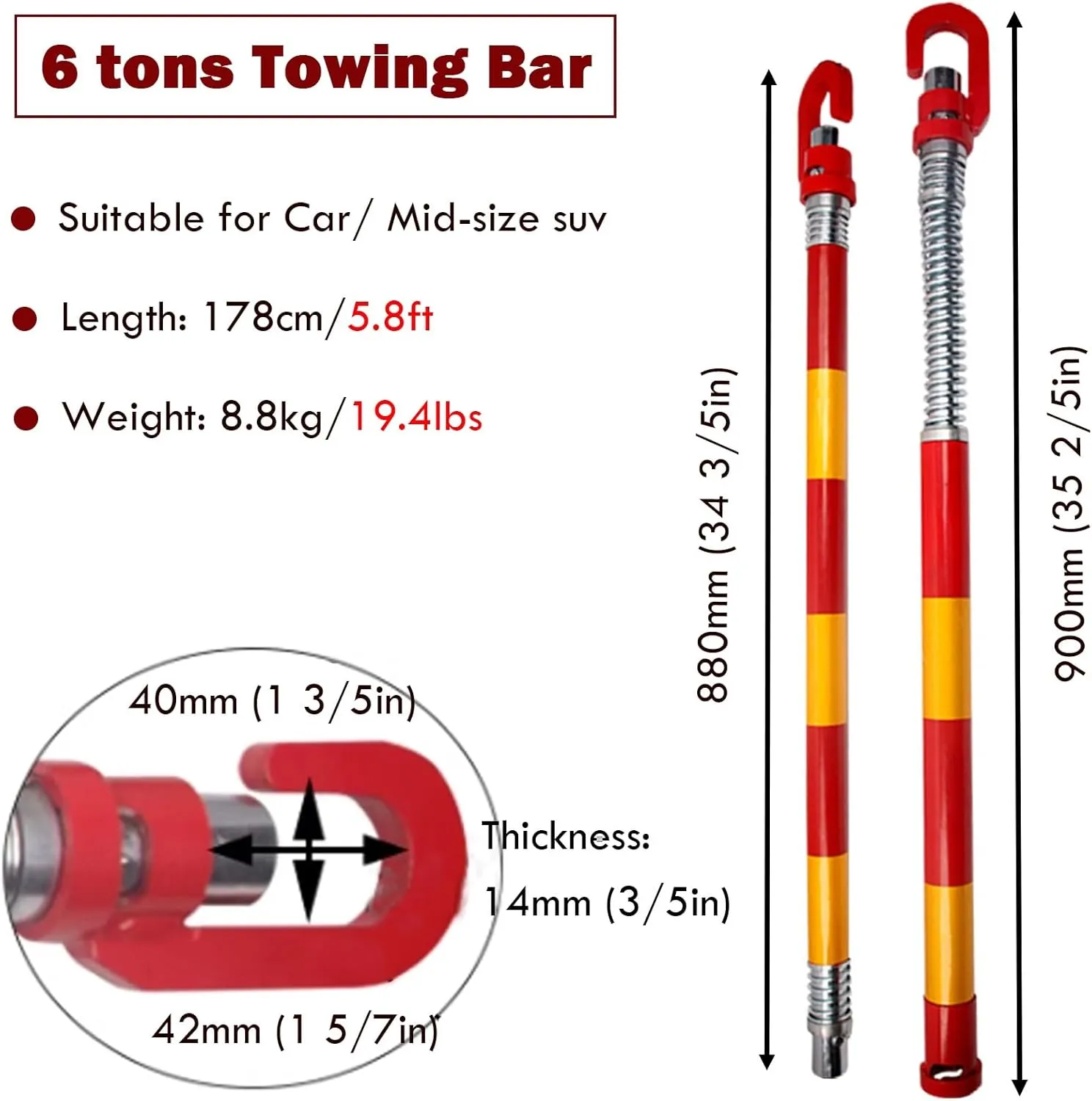AMUFJJ 50 30 20 8 6 5 3 Tons Capacity Vehicle Steel Towing Pole Trailer Bar, Anti-Collision Tow Bar with Shock Spring for Medium Vans/Pickup Trucks(Support 6 tons)