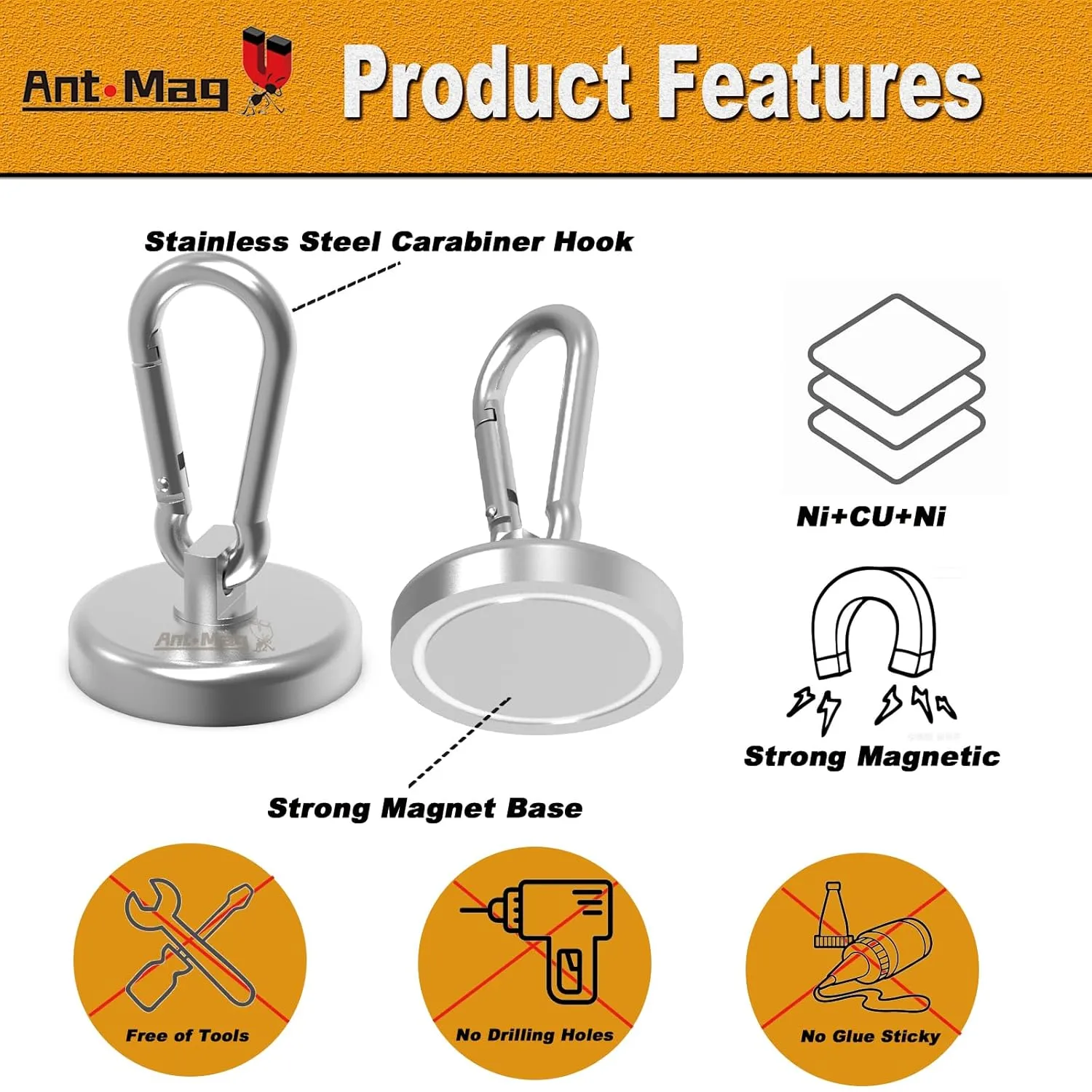 Ant Mag - Carabiner Magnetic Hooks, 80LBS Heavy Duty Neodymium Magnet Carabiner with Swivel Carabiner Snap Hook for Indoor/Outdoor Hanging Grill Kitchen Factory Warehouse Office. (10 Pack)