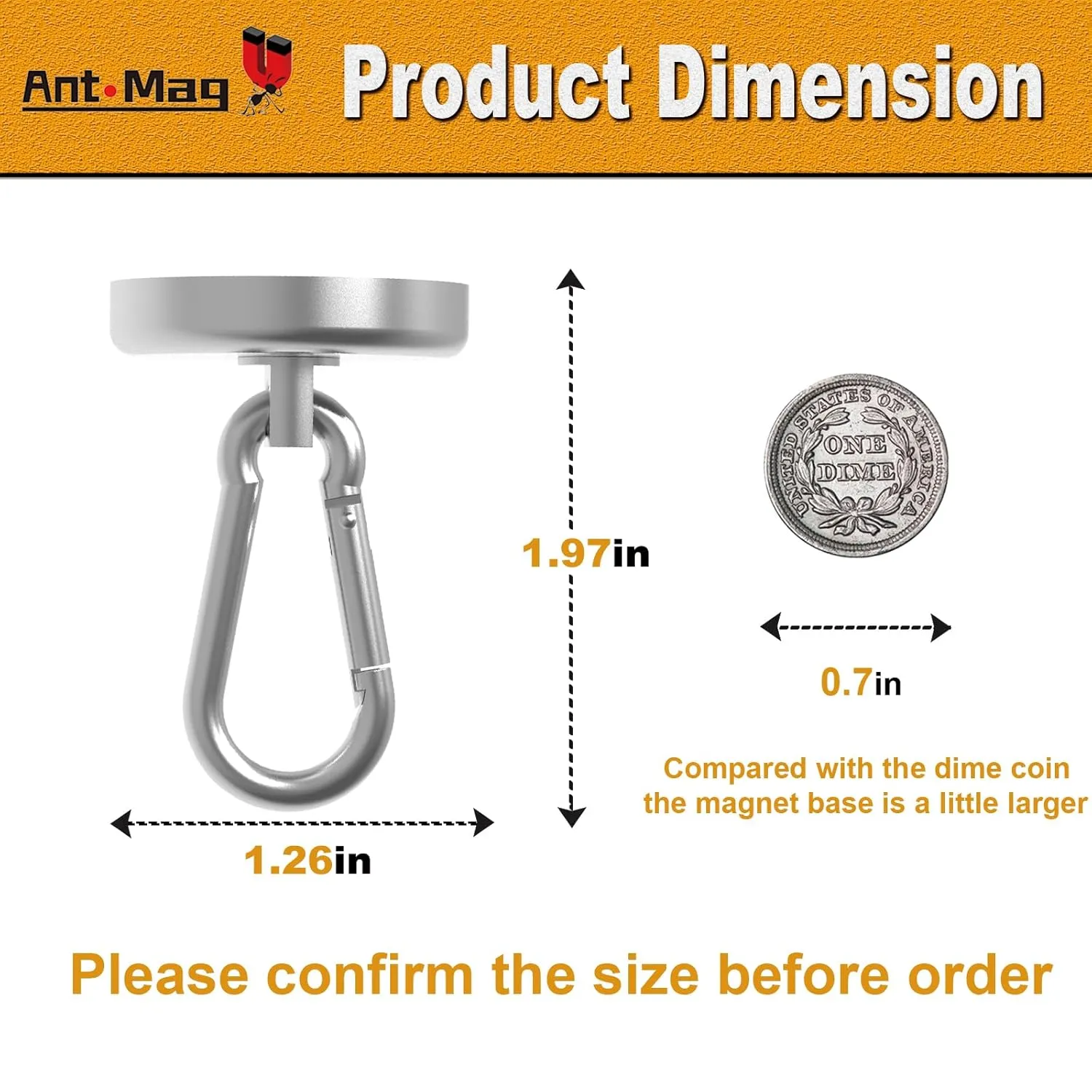 Ant Mag - Carabiner Magnetic Hooks, 80LBS Heavy Duty Neodymium Magnet Carabiner with Swivel Carabiner Snap Hook for Indoor/Outdoor Hanging Grill Kitchen Factory Warehouse Office. (10 Pack)