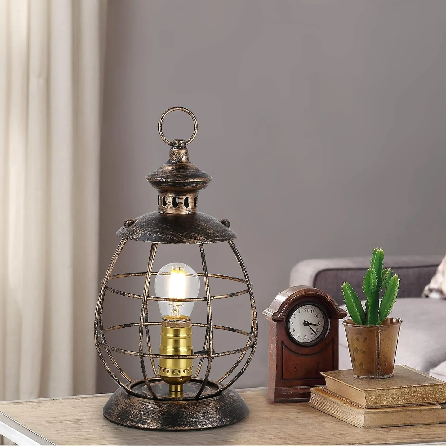 Antique Industrial Electric Lantern Table Lamp for Bedroom Bedside, Metal Cage Shade Reading Desk Lamp with Hanging Hoop for Living Room, Modern Retro Mid-Century Farmhouse Décor Gold (no Bulbs)