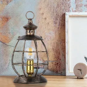 Antique Industrial Electric Lantern Table Lamp for Bedroom Bedside, Metal Cage Shade Reading Desk Lamp with Hanging Hoop for Living Room, Modern Retro Mid-Century Farmhouse Décor Gold (no Bulbs)
