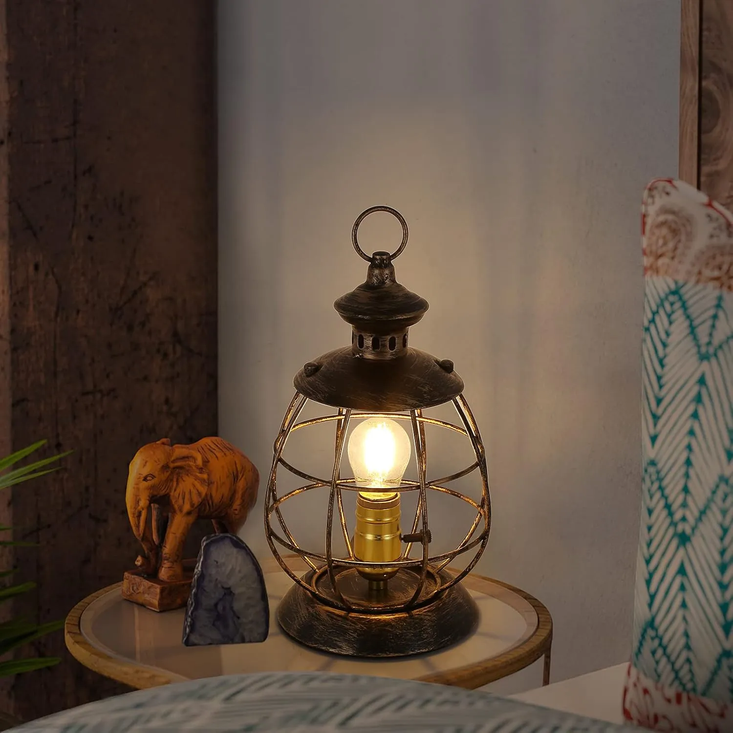 Antique Industrial Electric Lantern Table Lamp for Bedroom Bedside, Metal Cage Shade Reading Desk Lamp with Hanging Hoop for Living Room, Modern Retro Mid-Century Farmhouse Décor Gold (no Bulbs)