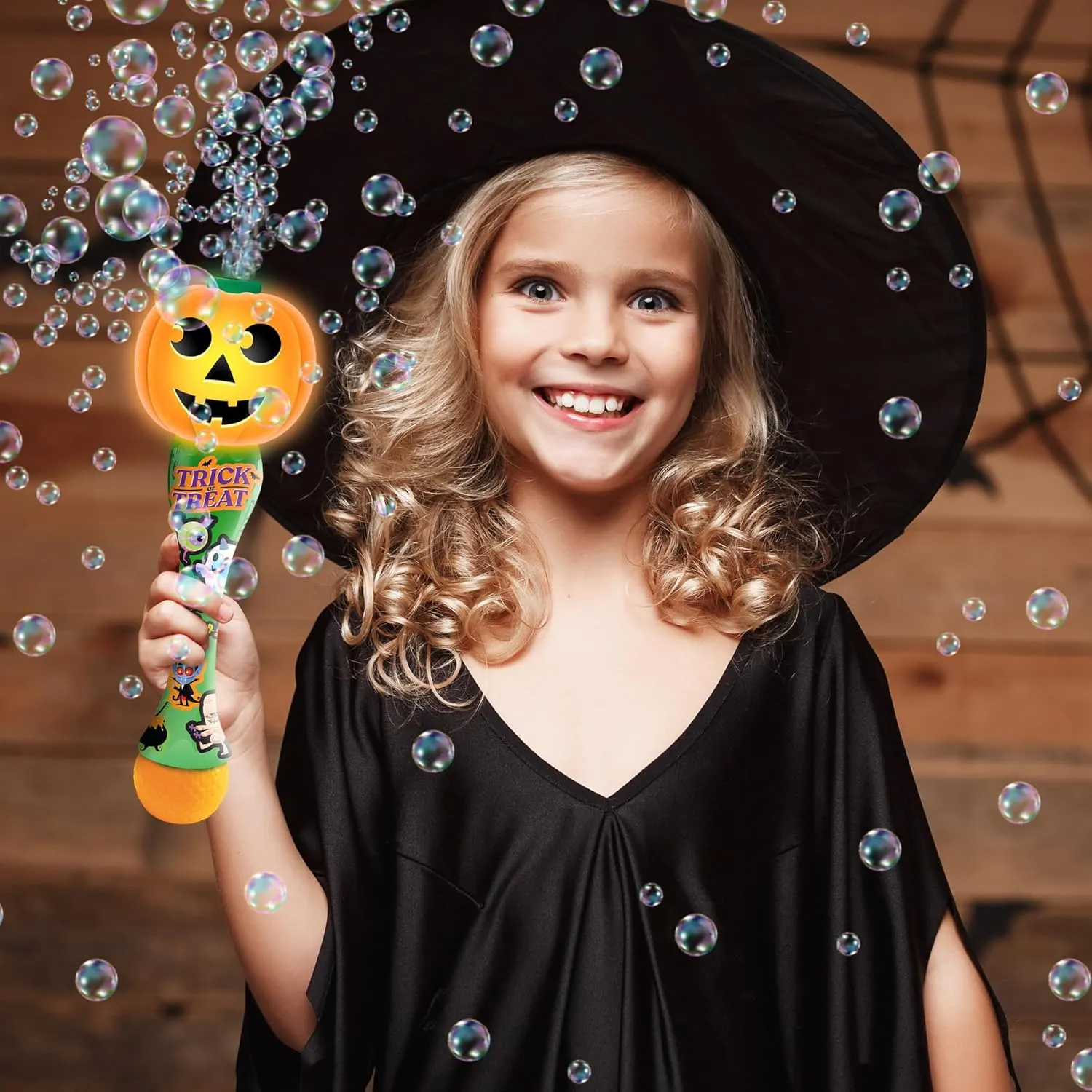 ArtCreativity Halloween Bubble Wand for Kids (2 Pack), 14" Light Up Pumpkin Bubble Wand with LED & Halloween Music, Halloween Boo Basket Stuffers for Kids, Halloween Toys for Toddlers
