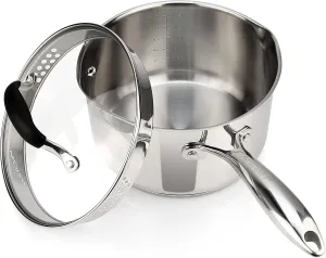 AVACRAFT Stainless Steel Saucepan with Glass Lid, Strainer Lid, Two Side Spouts for Easy Pour with Ergonomic Handle, Multipurpose Sauce Pan, Sauce Pot (5-Ply Capsule Bottom, 3.5 Quart)