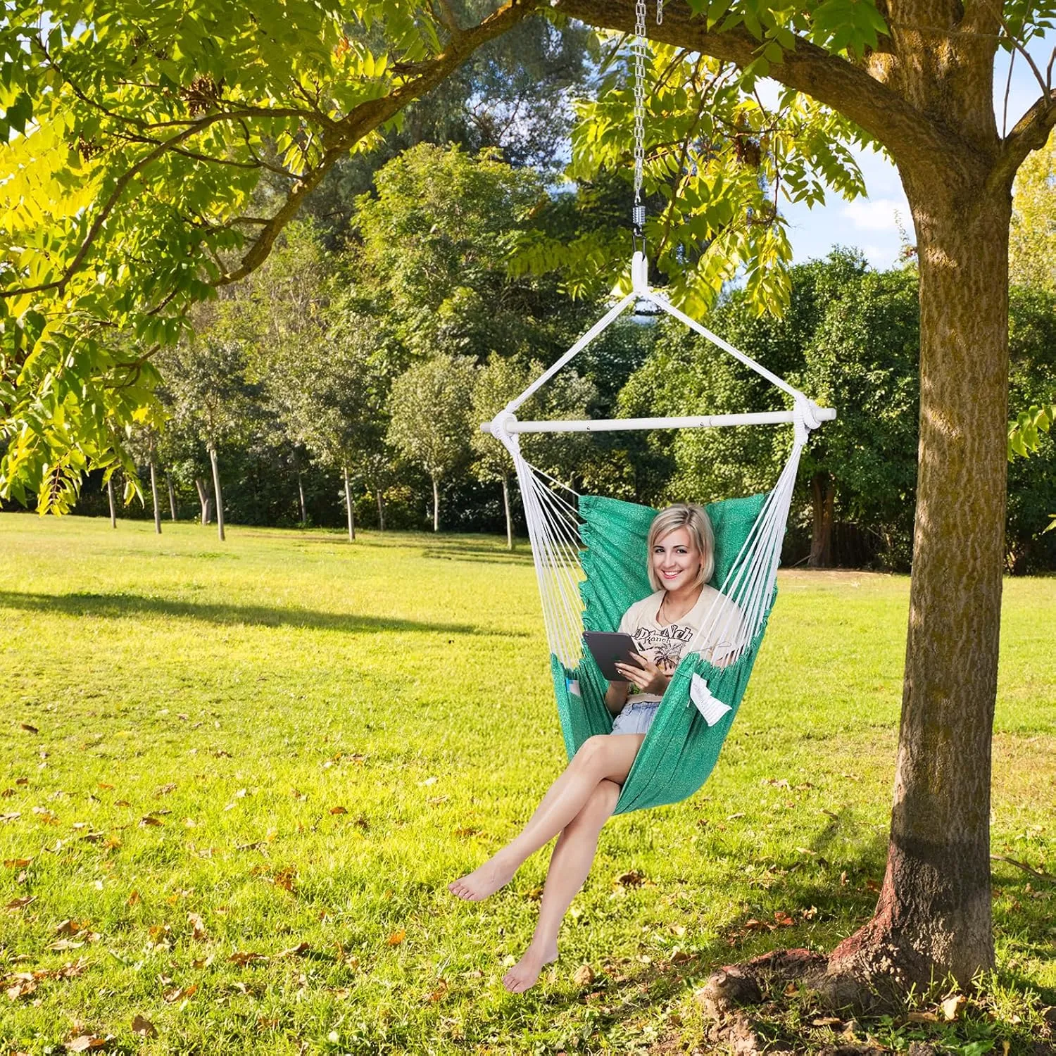 Backyard Expressions Hammock Chair Hanging Rope Swing Chair, 2 Pillows, Anti Slip Steel Spreader Bar
