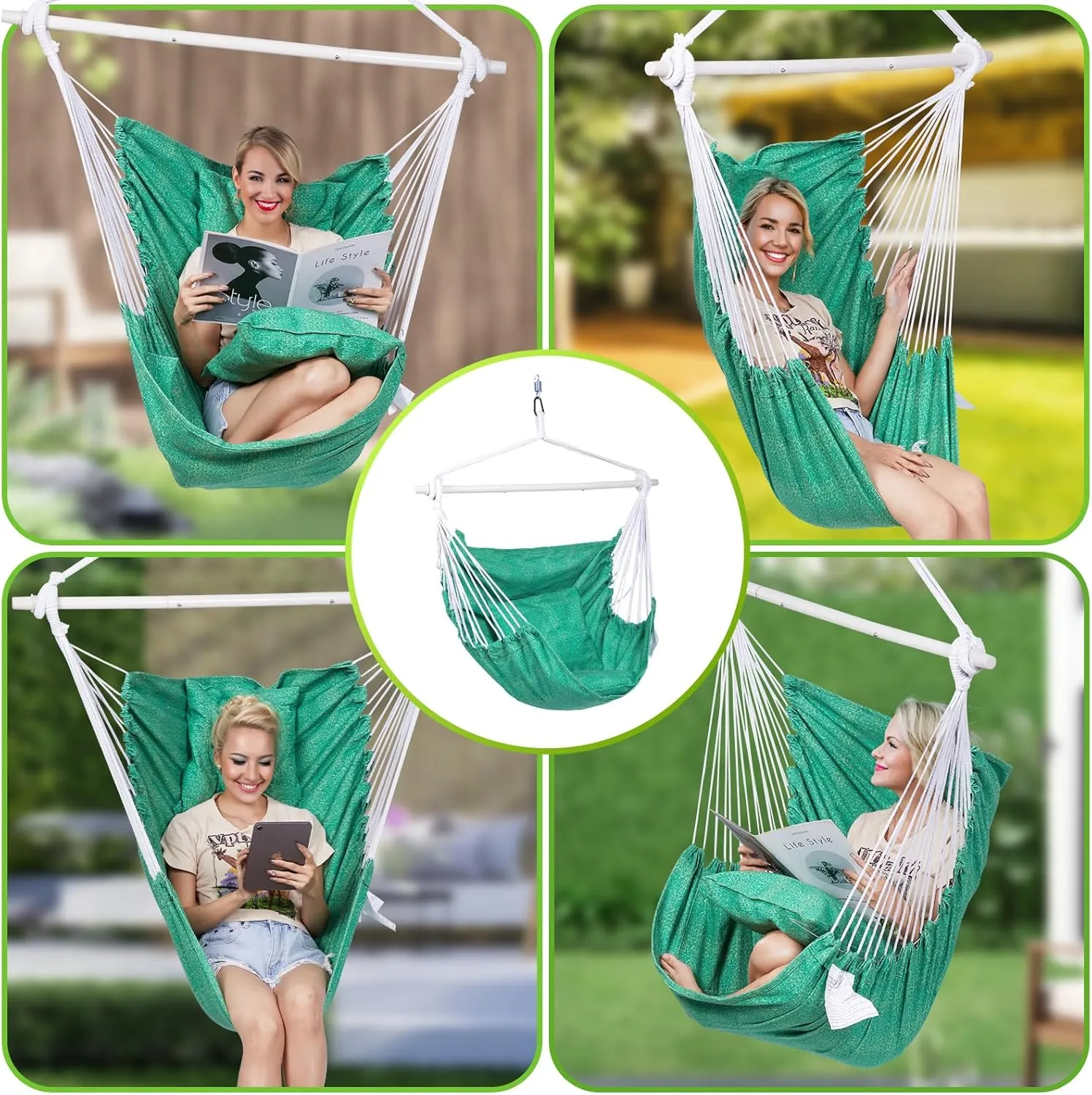 Backyard Expressions Hammock Chair Hanging Rope Swing Chair, 2 Pillows, Anti Slip Steel Spreader Bar