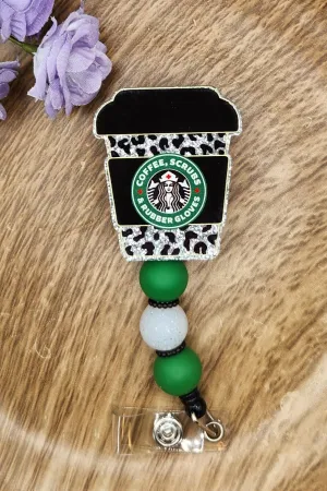 Badge Reel-Coffee Scrubs Rubber Gloves Cup-Black Leopard (Silver Glitter) NP016