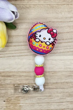 Badge Reel-Easter Egg Miss Kitty (Pink Glitter) ES002