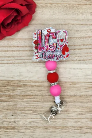 Badge Reel-ICU Nurse Hearts (Silver Glitter) NP092