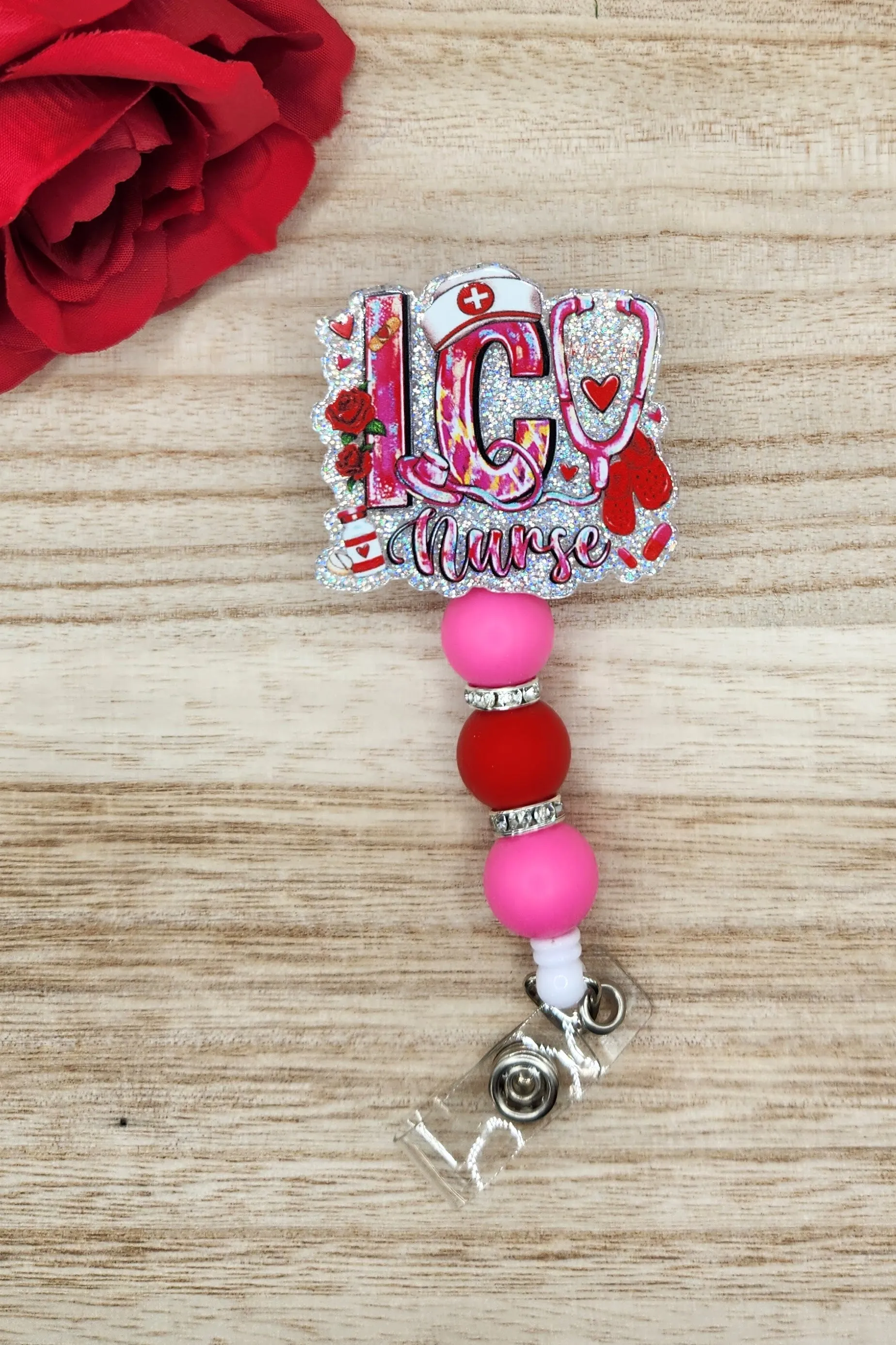 Badge Reel-ICU Nurse Hearts (Silver Glitter) NP092