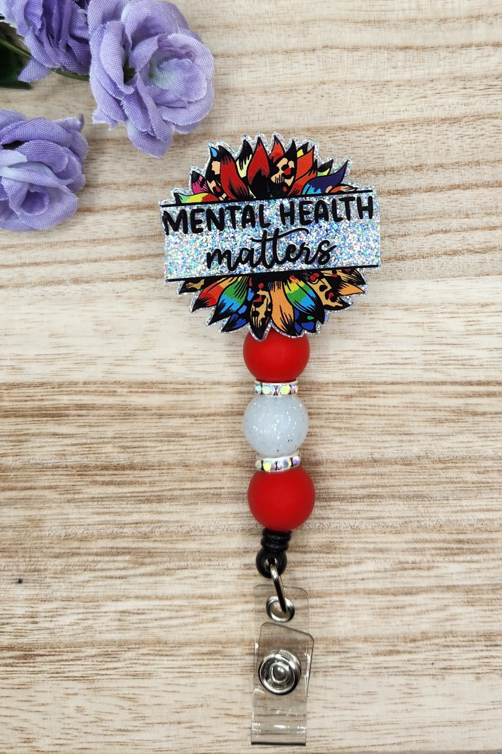 Badge Reel-Mental Health Matters Sunflower (Silver Glitter) MP008