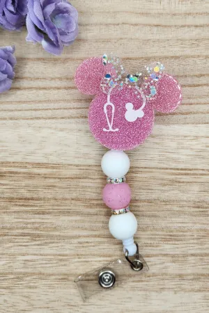 Badge Reel-Mouse Ears Stethoscope (Pink Glitter) NP046