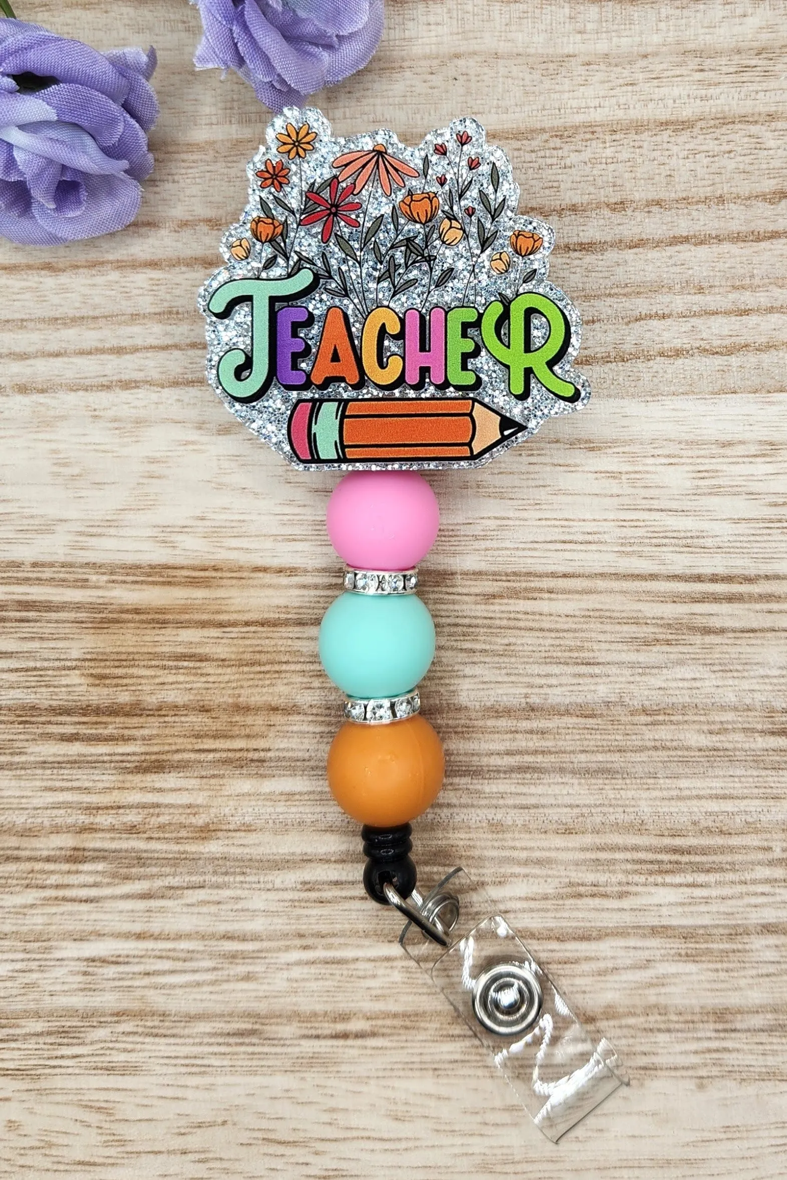 Badge Reel-Teacher Floral Pencil (Silver Glitter) TS013