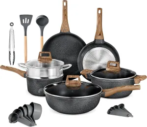 Bakken-Swiss 14-Piece Kitchen Cookware Set – Granite Non-Stick – Eco-Friendly – for All Stoves & Oven-Safe - Marble coatin