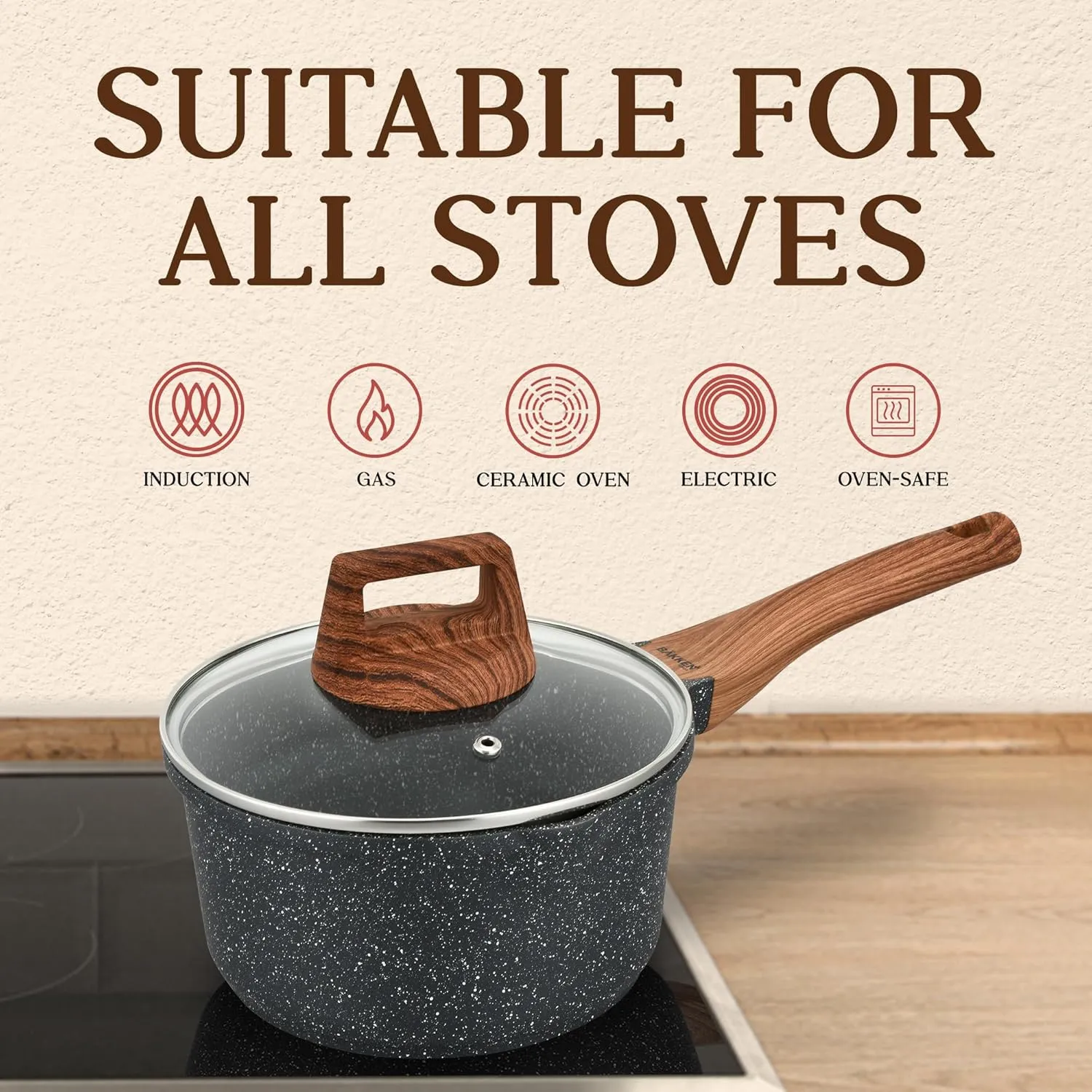 Bakken-Swiss 14-Piece Kitchen Cookware Set – Granite Non-Stick – Eco-Friendly – for All Stoves & Oven-Safe - Marble coatin