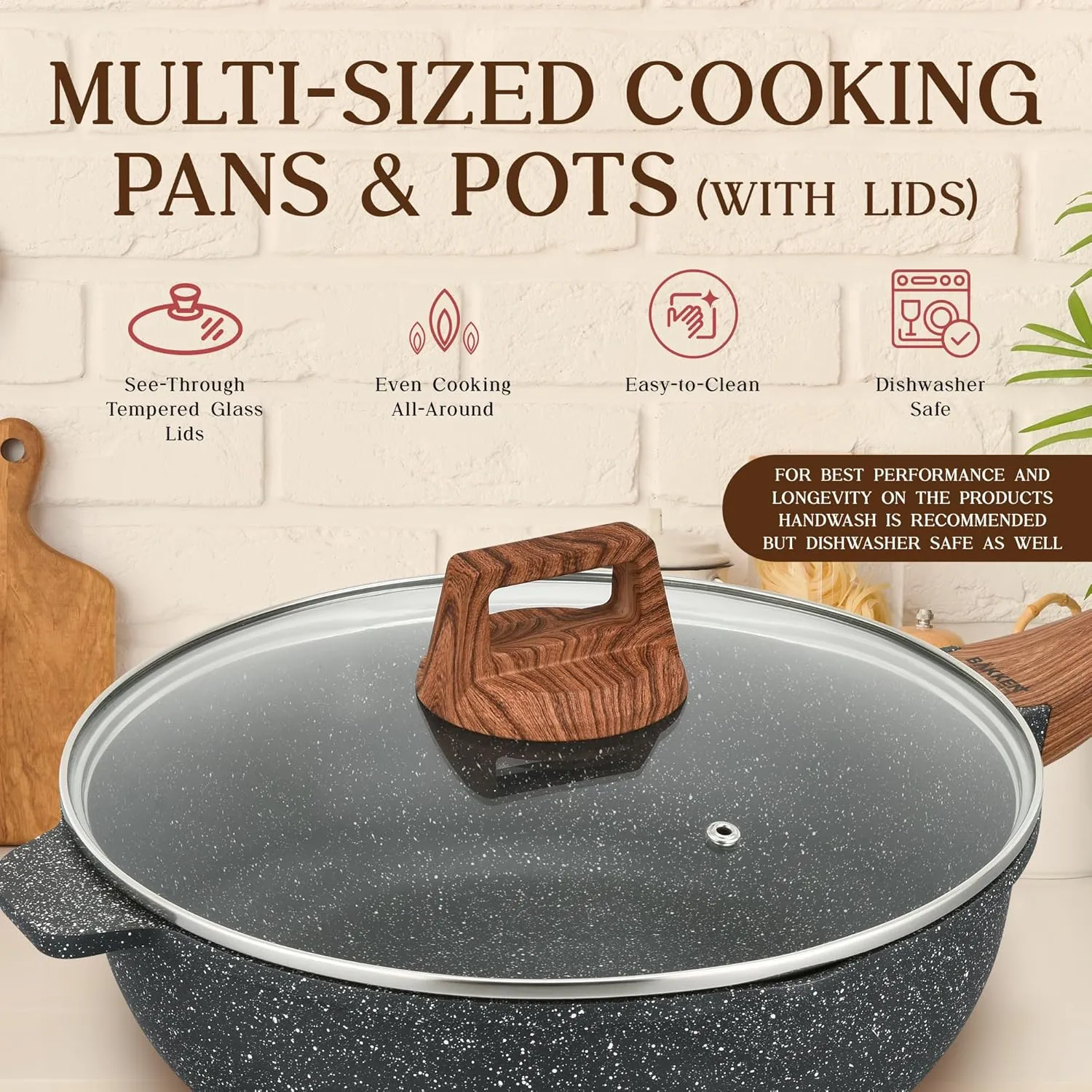Bakken-Swiss 14-Piece Kitchen Cookware Set – Granite Non-Stick – Eco-Friendly – for All Stoves & Oven-Safe - Marble coatin