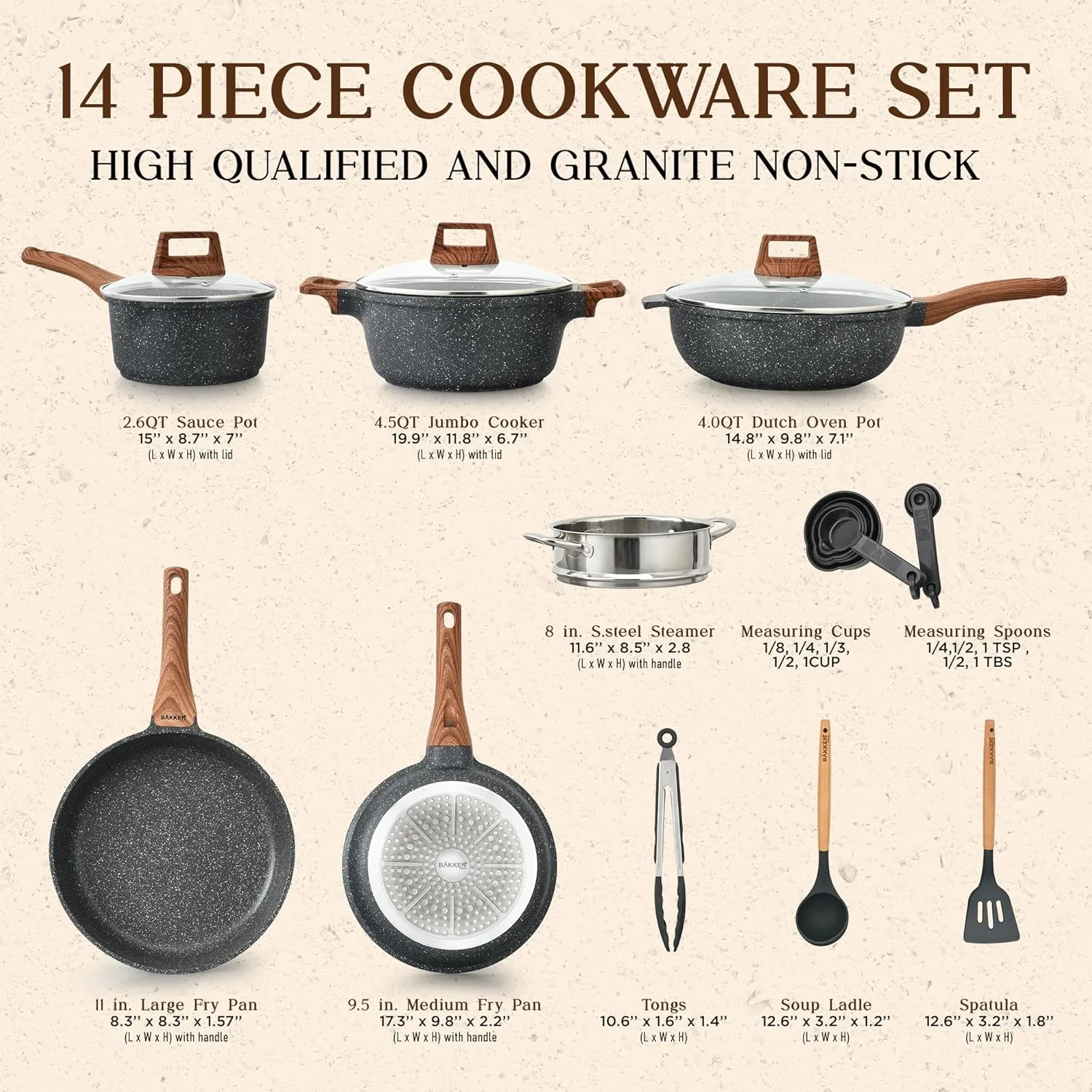 Bakken-Swiss 14-Piece Kitchen Cookware Set – Granite Non-Stick – Eco-Friendly – for All Stoves & Oven-Safe - Marble coatin