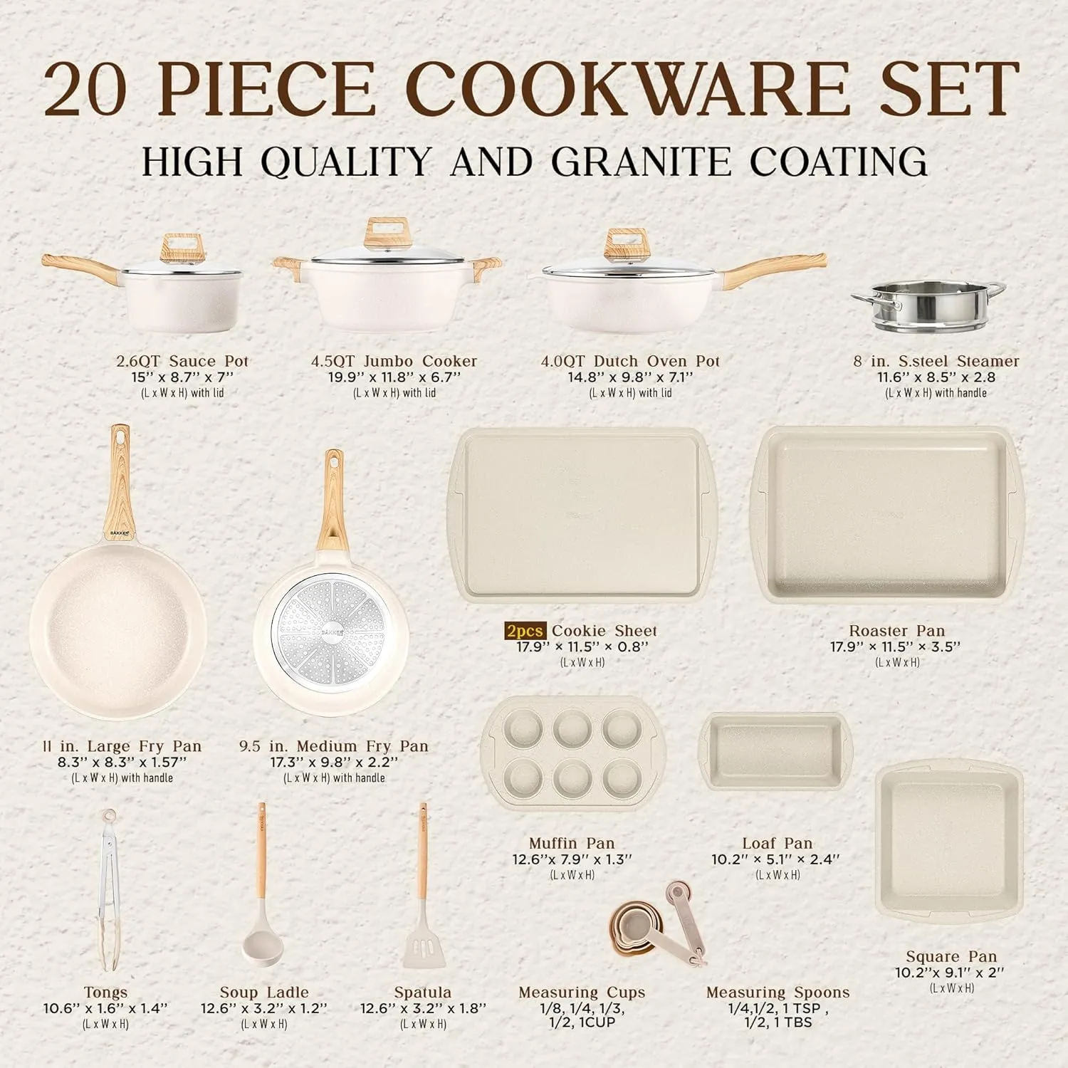 Bakken-Swiss 20-Piece Kitchen Cookware Set – Granite Non-Stick – Eco-Friendly – for All Stoves & Oven-Safe