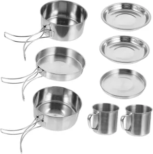 Balacoo 8-Piece Camping Cooking Set Picnic Stainless Steel Cookware Pot Frying Pan Dish Set for Hiking BBQ