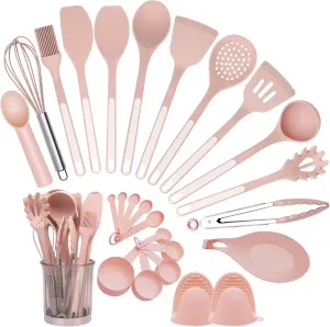 BBN Silicone Cooking Utensils Set, 26Pcs Non-Stick Silicone Cooking Utensils Spatula Set with Holder, Heat Resistance Silicone Kitchen Gadgets Utensils Set (Pink)