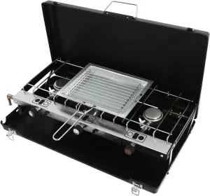 BBQ Cooking Grill, Tabletop 2-in-1 Stove with 3 Adjustable Burners, Portable Cold-Rolled Sheet Gas Griddle, Folding Table Griddle with Windscreen in Black for Kitchen, Picnic Camping or Outdoor Hiking