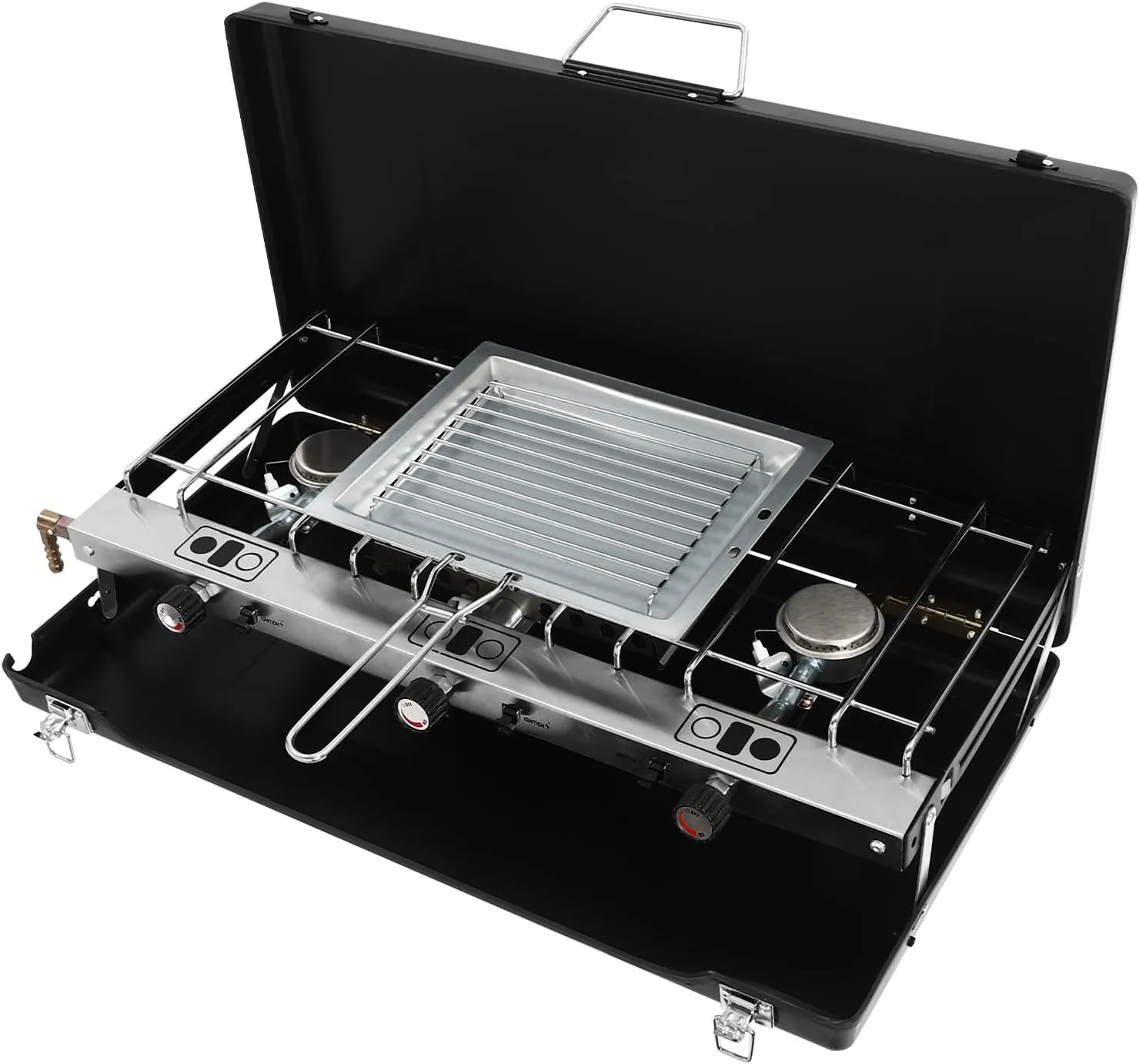 BBQ Cooking Grill, Tabletop 2-in-1 Stove with 3 Adjustable Burners, Portable Cold-Rolled Sheet Gas Griddle, Folding Table Griddle with Windscreen in Black for Kitchen, Picnic Camping or Outdoor Hiking