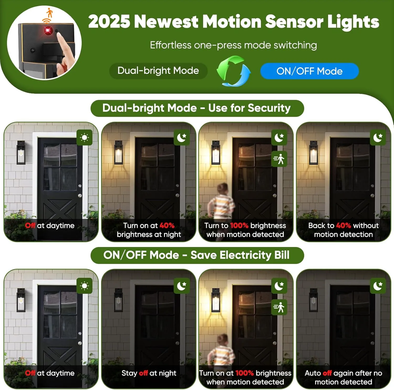 BesLowe Upgraded Motion Sensor Outdoor Wall Lights, 15” Dusk to Dawn Porch Lights Outdoor Wall Sconce Lanterns, 3 Lighting Modes Exterior Lighting Fixtures, Bronze Outside Lights for House, 2-Pack