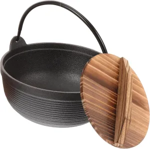 BESPORTBLE Japanese Cast Iron Hot Pot for Camping Non-Stick Cooking Pot with Wooden Cover for Outdoor Cooking and Picnics Temperature Resistant Cookware