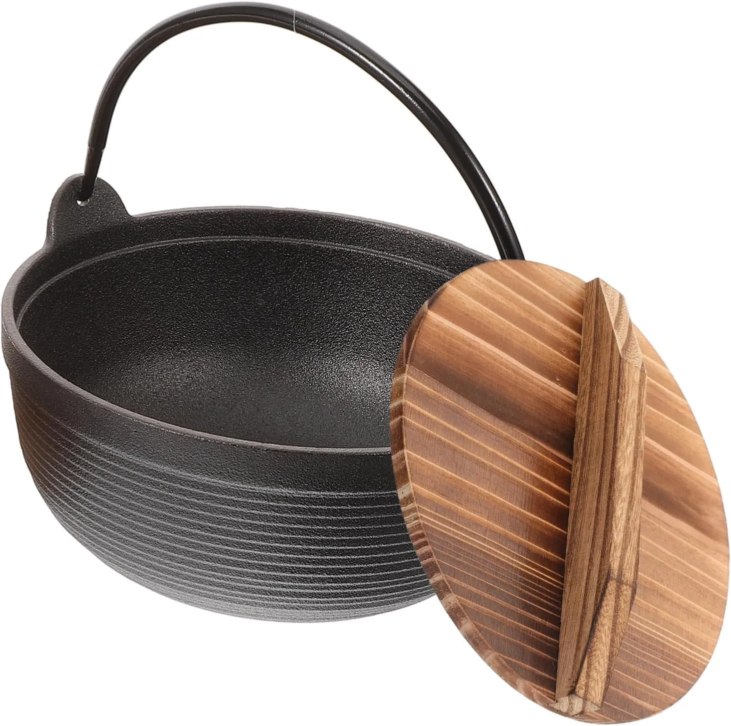 BESPORTBLE Japanese Cast Iron Hot Pot for Camping Non-Stick Cooking Pot with Wooden Cover for Outdoor Cooking and Picnics Temperature Resistant Cookware