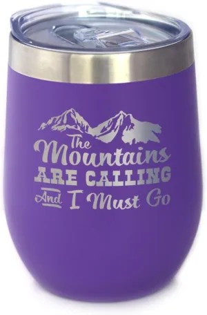 Bevvee Mountains Are Calling - Wine Tumbler Glass with Sliding Lid - Stemless Stainless Steel Insulated Cup - Outdoor Hiking & Camping Gift - Purple