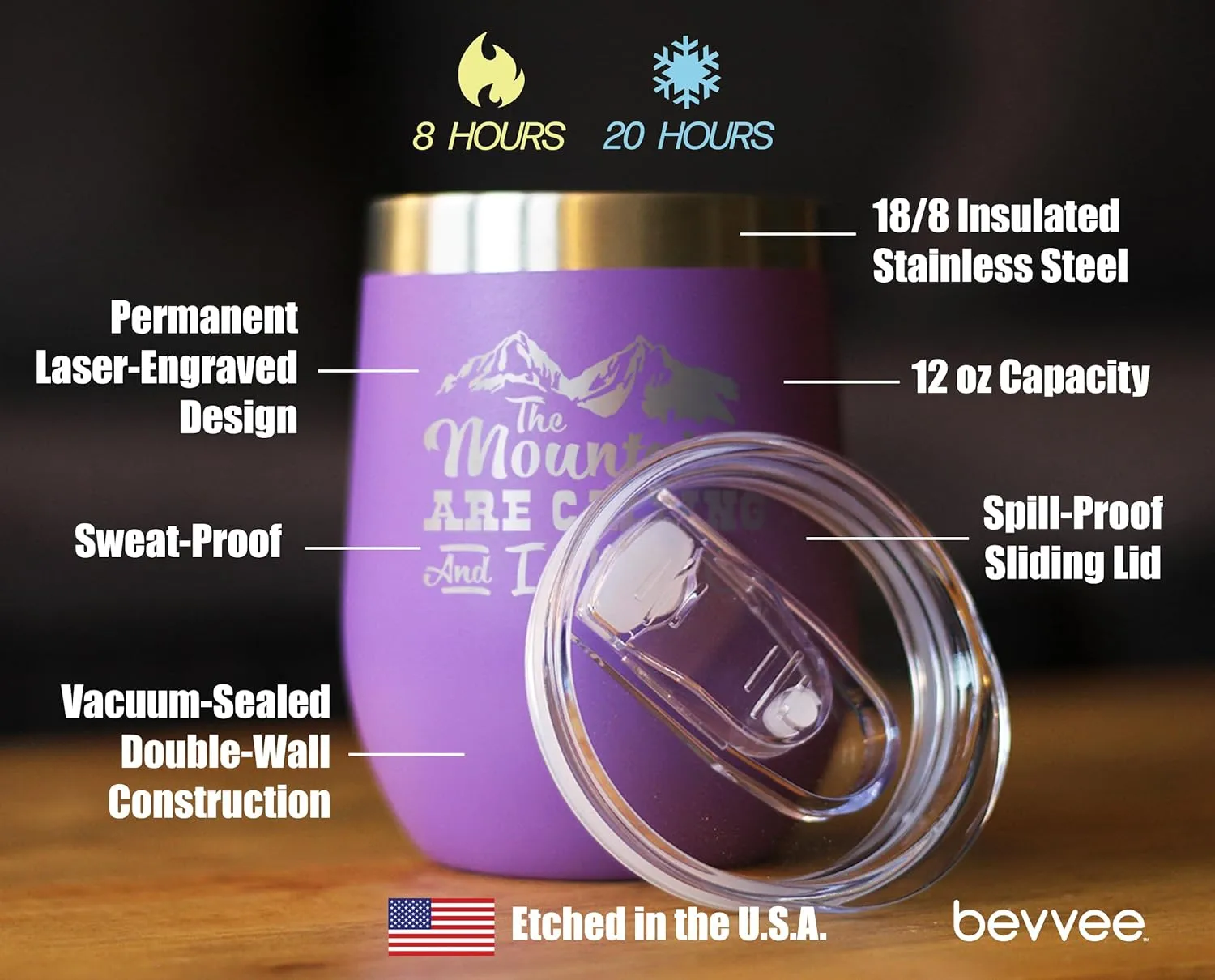 Bevvee Mountains Are Calling - Wine Tumbler Glass with Sliding Lid - Stemless Stainless Steel Insulated Cup - Outdoor Hiking & Camping Gift - Purple