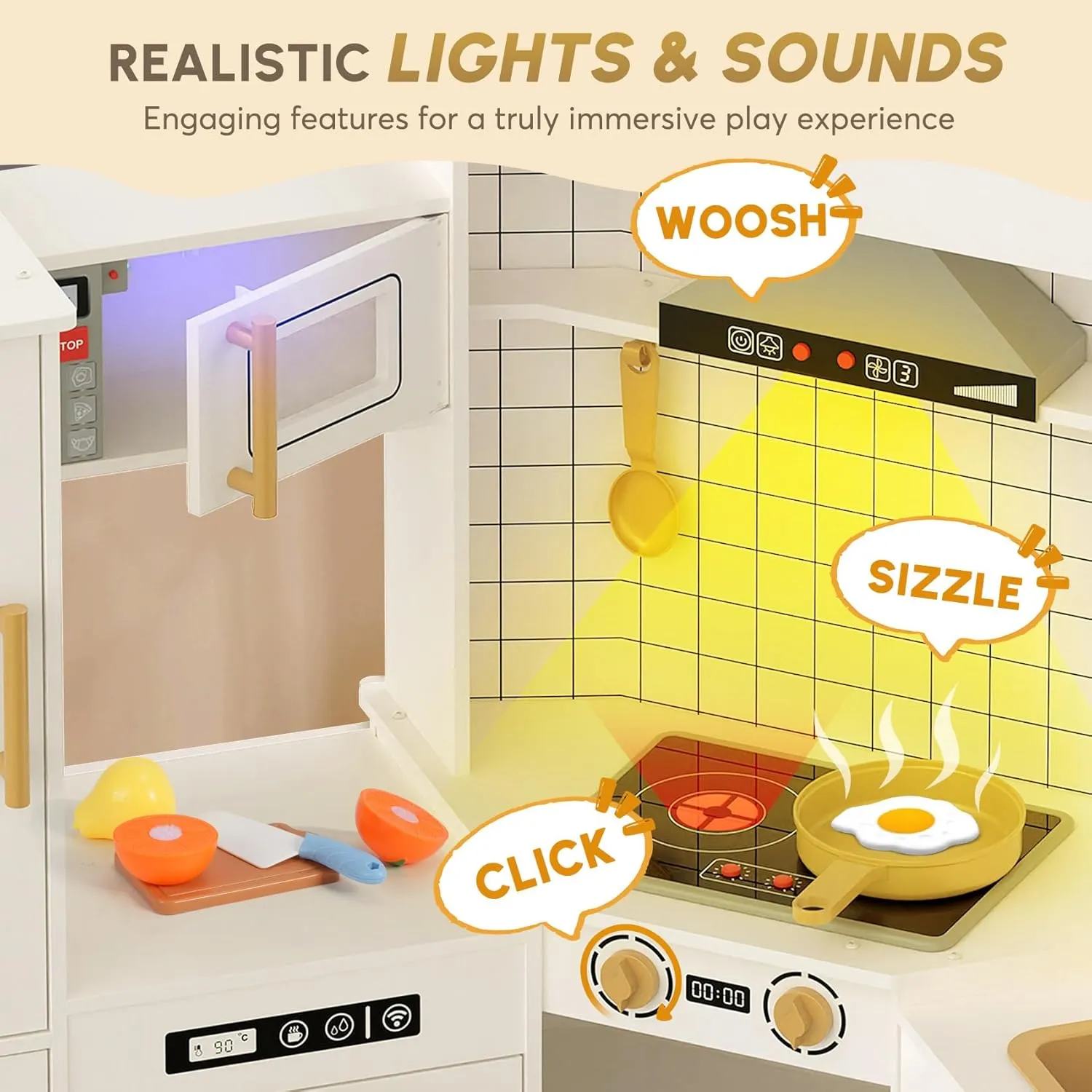 BIERUM Coner Wooden Play Kitchen with Real Lights & Sounds, Trendy Home Style Kitchen Playset, Toy Kitchen with 28 Pcs Toy Food & Cookware Accessories, Gift for Boys & Girls Ages 3 