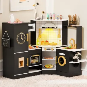 BIERUM Coner Wooden Play Kitchen with Real Lights & Sounds, Trendy Home Style Kitchen Playset, Toy Kitchen with 28 Pcs Toy Food & Cookware Accessories, Gift for Boys & Girls Ages 3 
