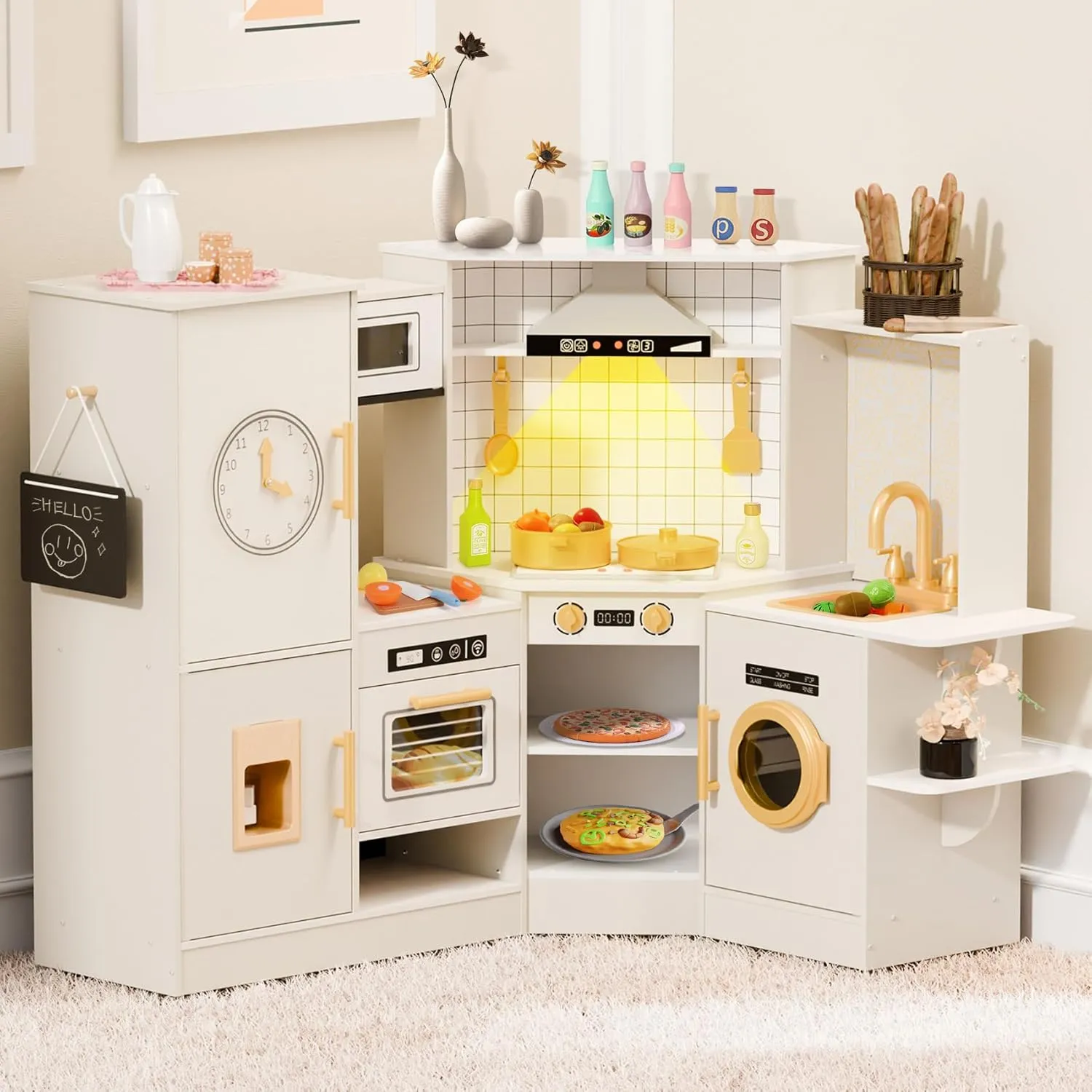 BIERUM Coner Wooden Play Kitchen with Real Lights & Sounds, Trendy Home Style Kitchen Playset, Toy Kitchen with 28 Pcs Toy Food & Cookware Accessories, Gift for Boys & Girls Ages 3 
