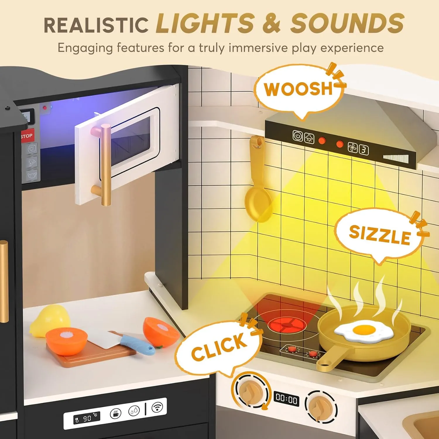 BIERUM Coner Wooden Play Kitchen with Real Lights & Sounds, Trendy Home Style Kitchen Playset, Toy Kitchen with 28 Pcs Toy Food & Cookware Accessories, Gift for Boys & Girls Ages 3 