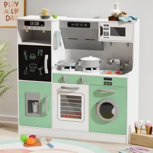 BIERUM Play Kitchen with Realistic Lights & Sounds, Wooden Kitchen Playset with 28 Pcs Toy Food & Cookware Accessories, Toy Kitchen with Plenty of Play Features, Idea Gift for Boys and Girls Ages 3 