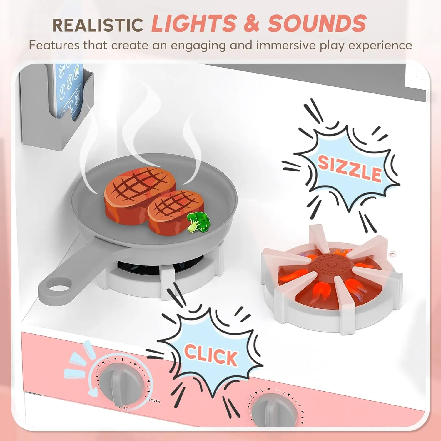 BIERUM Play Kitchen with Realistic Lights & Sounds, Wooden Kitchen Playset with 28 Pcs Toy Food & Cookware Accessories, Toy Kitchen with Plenty of Play Features, Idea Gift for Boys and Girls Ages 3 