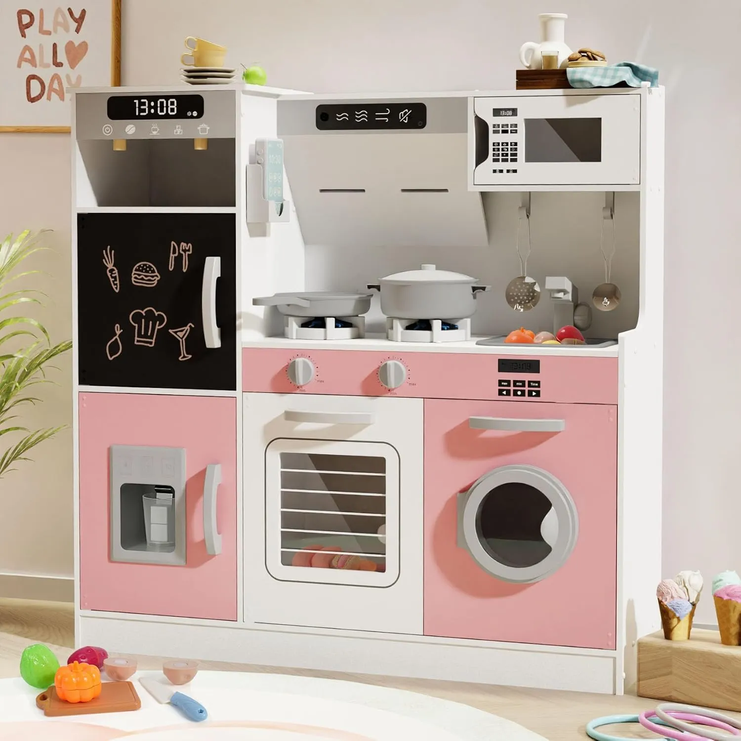 BIERUM Play Kitchen with Realistic Lights & Sounds, Wooden Kitchen Playset with 28 Pcs Toy Food & Cookware Accessories, Toy Kitchen with Plenty of Play Features, Idea Gift for Boys and Girls Ages 3 