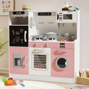 BIERUM Play Kitchen with Realistic Lights & Sounds, Wooden Kitchen Playset with 28 Pcs Toy Food & Cookware Accessories, Toy Kitchen with Plenty of Play Features, Idea Gift for Boys and Girls Ages 3 