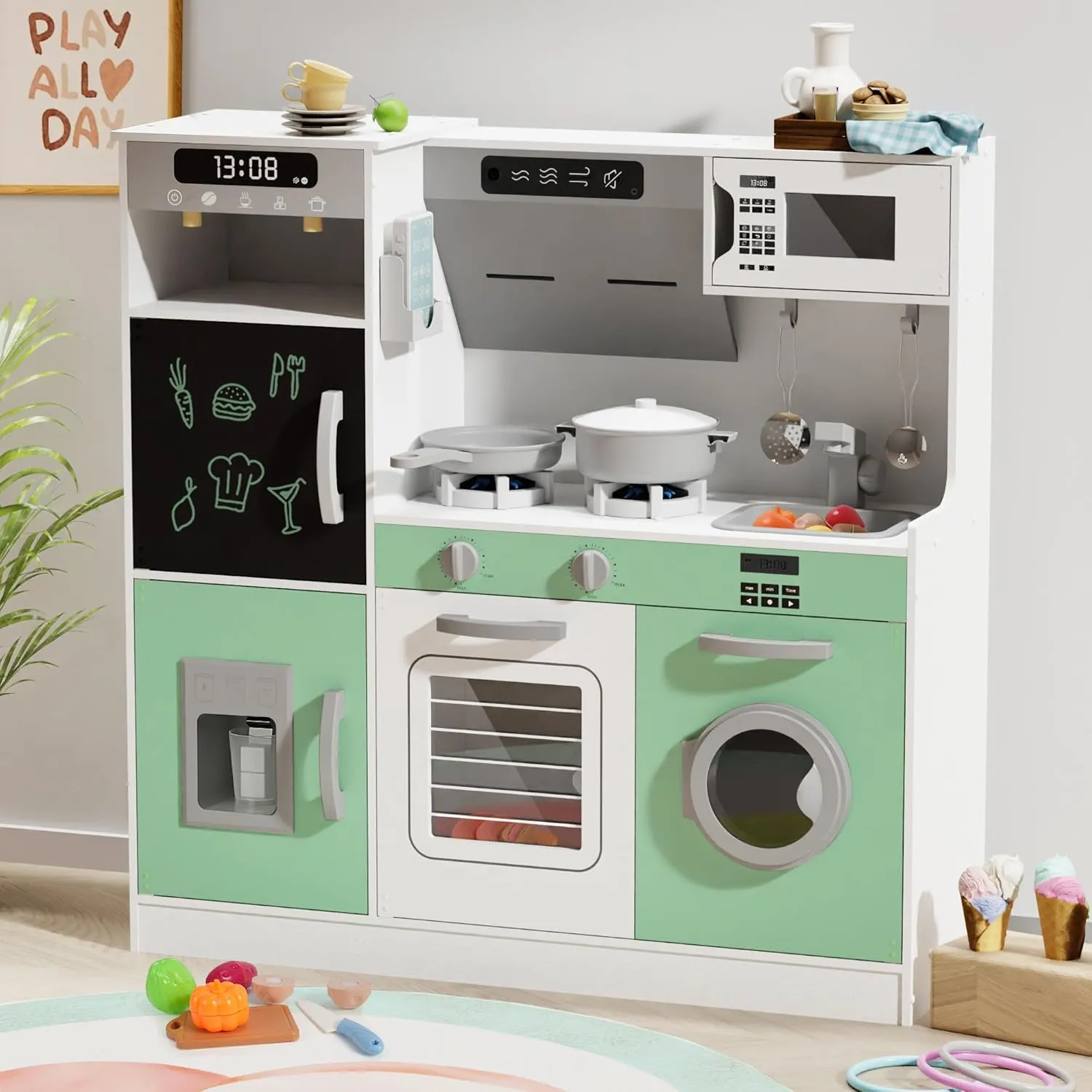 BIERUM Play Kitchen with Realistic Lights & Sounds, Wooden Kitchen Playset with 28 Pcs Toy Food & Cookware Accessories, Toy Kitchen with Plenty of Play Features, Idea Gift for Boys and Girls Ages 3 