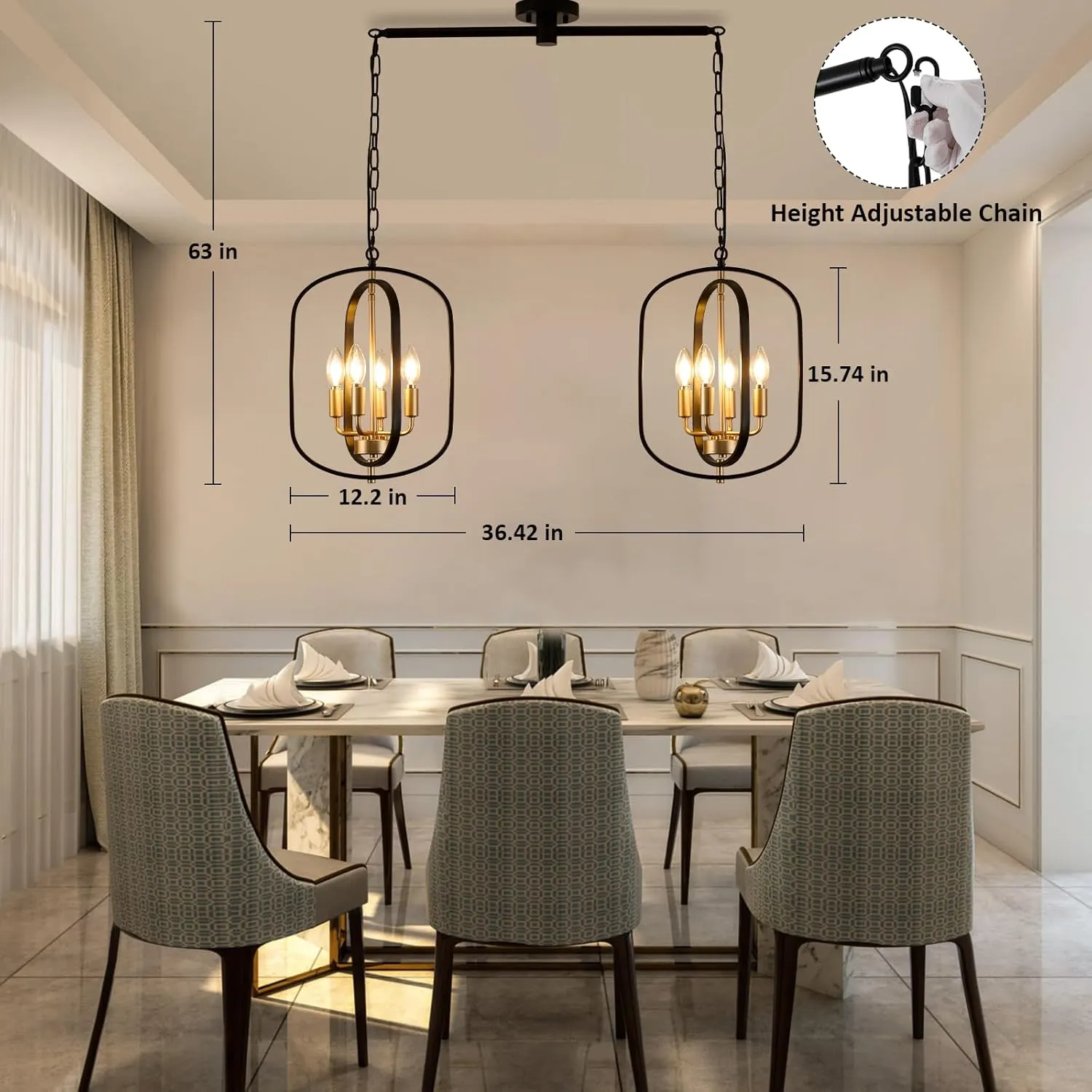 Black and Gold Chandelier for Dining Room, Pendant Lights Kitchen Island, Adjustable Farmhouse Pendant Light Fixtures Hanging Rustic Modern Farmhouse Chandelier for Kitchen, Hallway, Bar, Cafe