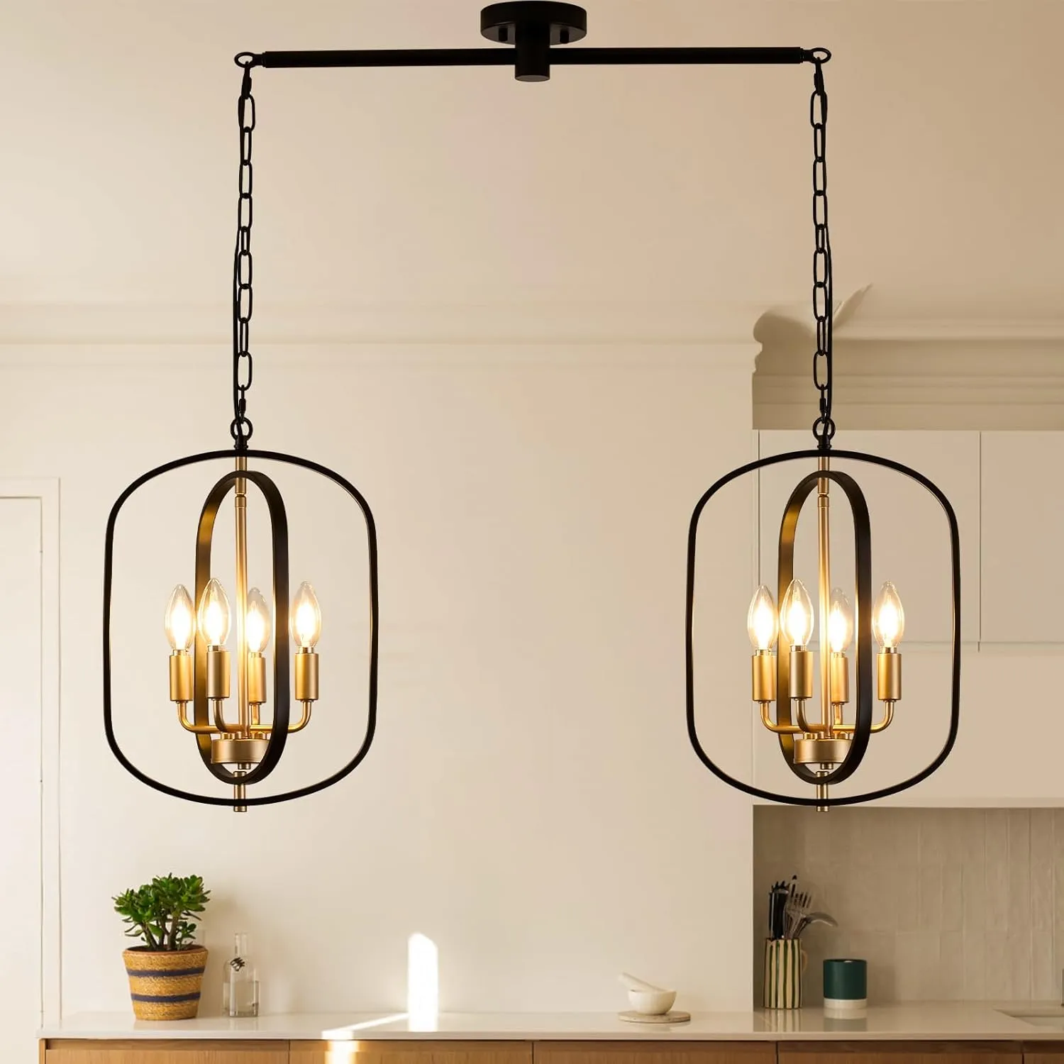 Black and Gold Chandelier for Dining Room, Pendant Lights Kitchen Island, Adjustable Farmhouse Pendant Light Fixtures Hanging Rustic Modern Farmhouse Chandelier for Kitchen, Hallway, Bar, Cafe