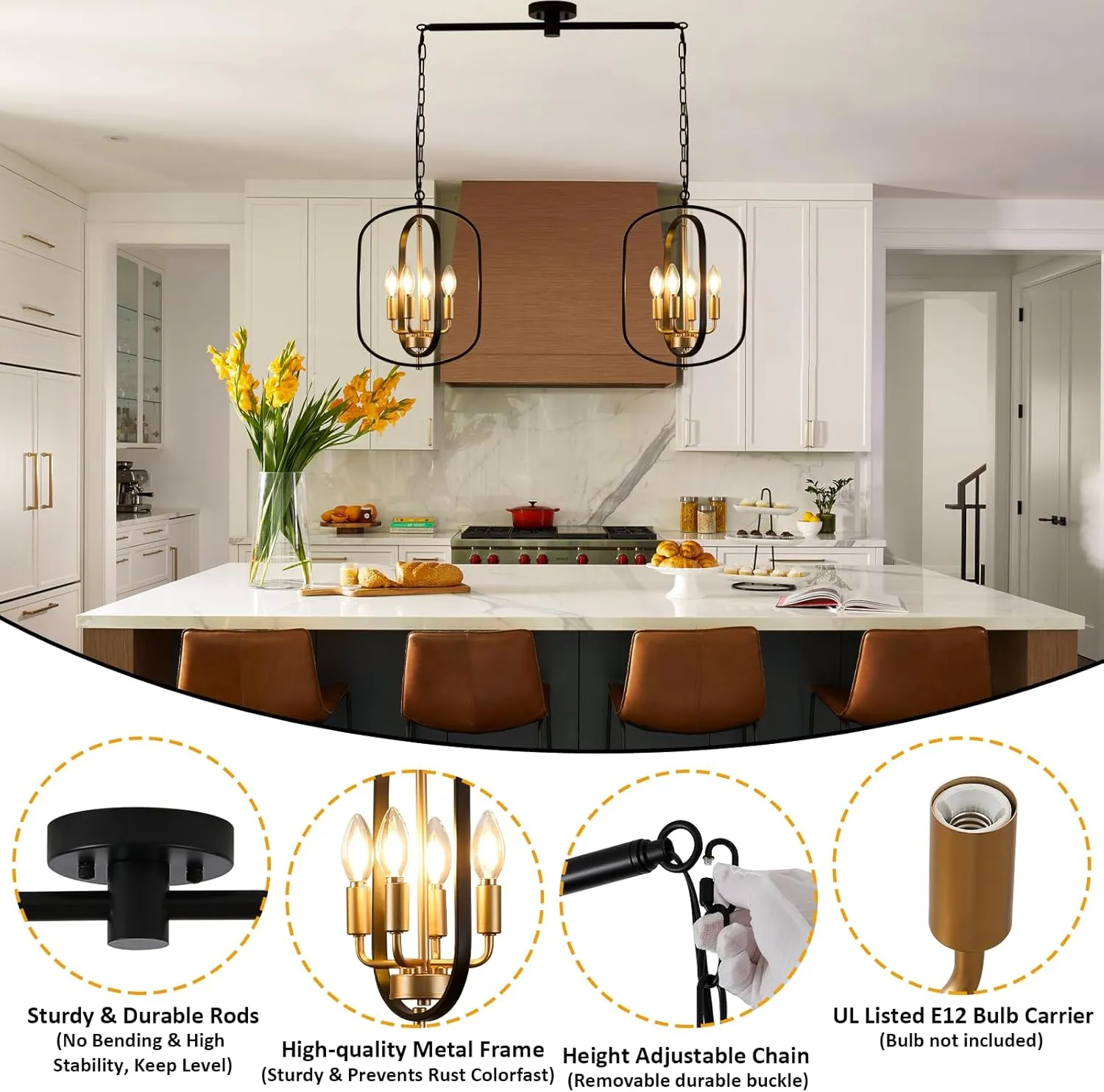 Black and Gold Chandelier for Dining Room, Pendant Lights Kitchen Island, Adjustable Farmhouse Pendant Light Fixtures Hanging Rustic Modern Farmhouse Chandelier for Kitchen, Hallway, Bar, Cafe