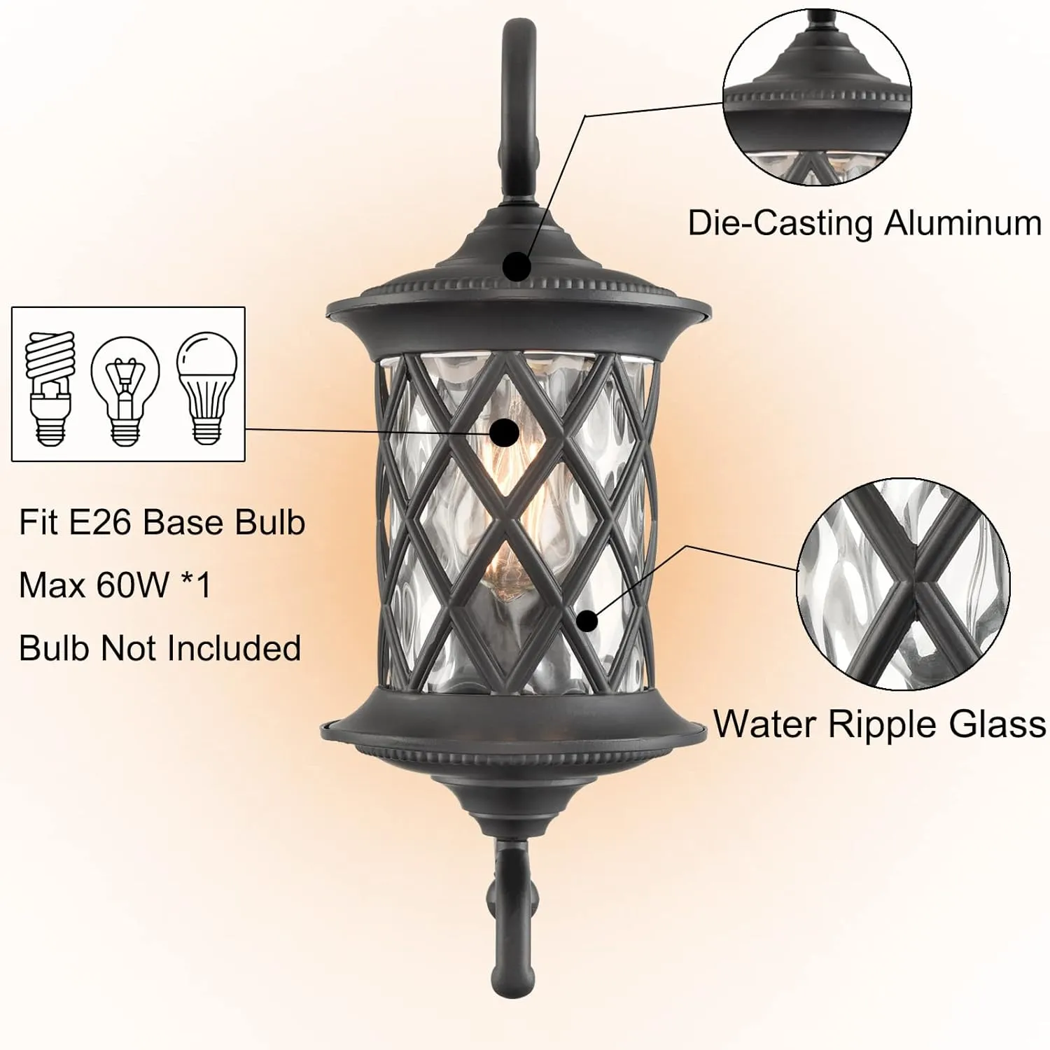 Black Outdoor Wall Lights Exterior Light Fixture Water Glass Waterproof Outside Wall Lights for House Patio Garage