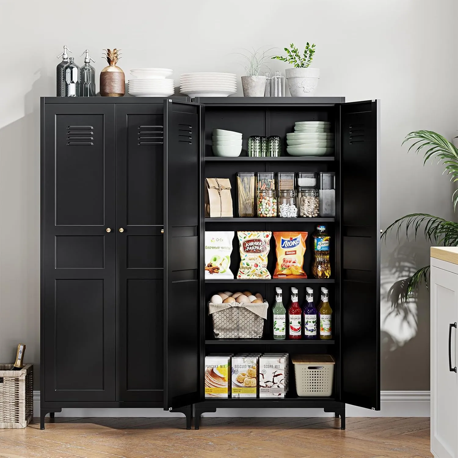 Black Pantry Storage Cabinet 61-Inch High Cupborad Storage Cabinets with Doors and Shelves, Metal Kitchen Cabinet for Home, Dining Room, Bedroom, Living Room, Bathroom