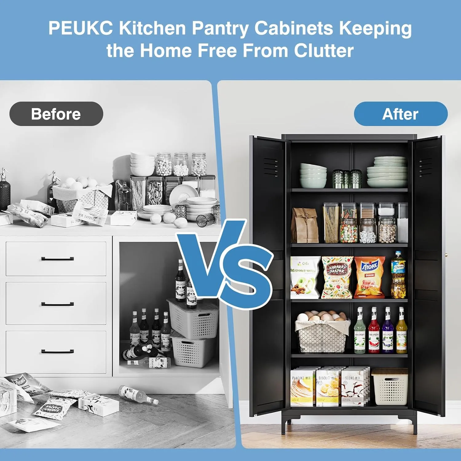 Black Pantry Storage Cabinet 61-Inch High Cupborad Storage Cabinets with Doors and Shelves, Metal Kitchen Cabinet for Home, Dining Room, Bedroom, Living Room, Bathroom